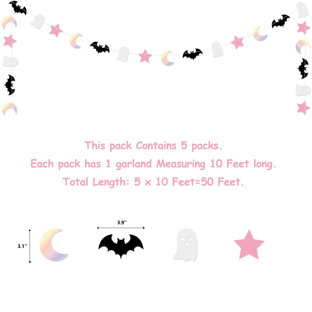 5 Pcs Halloween Moon Bat Ghost Star Garland Pink Black Halloween Garland for Pink and Black Kids' Halloween Party Supplies Decorations
