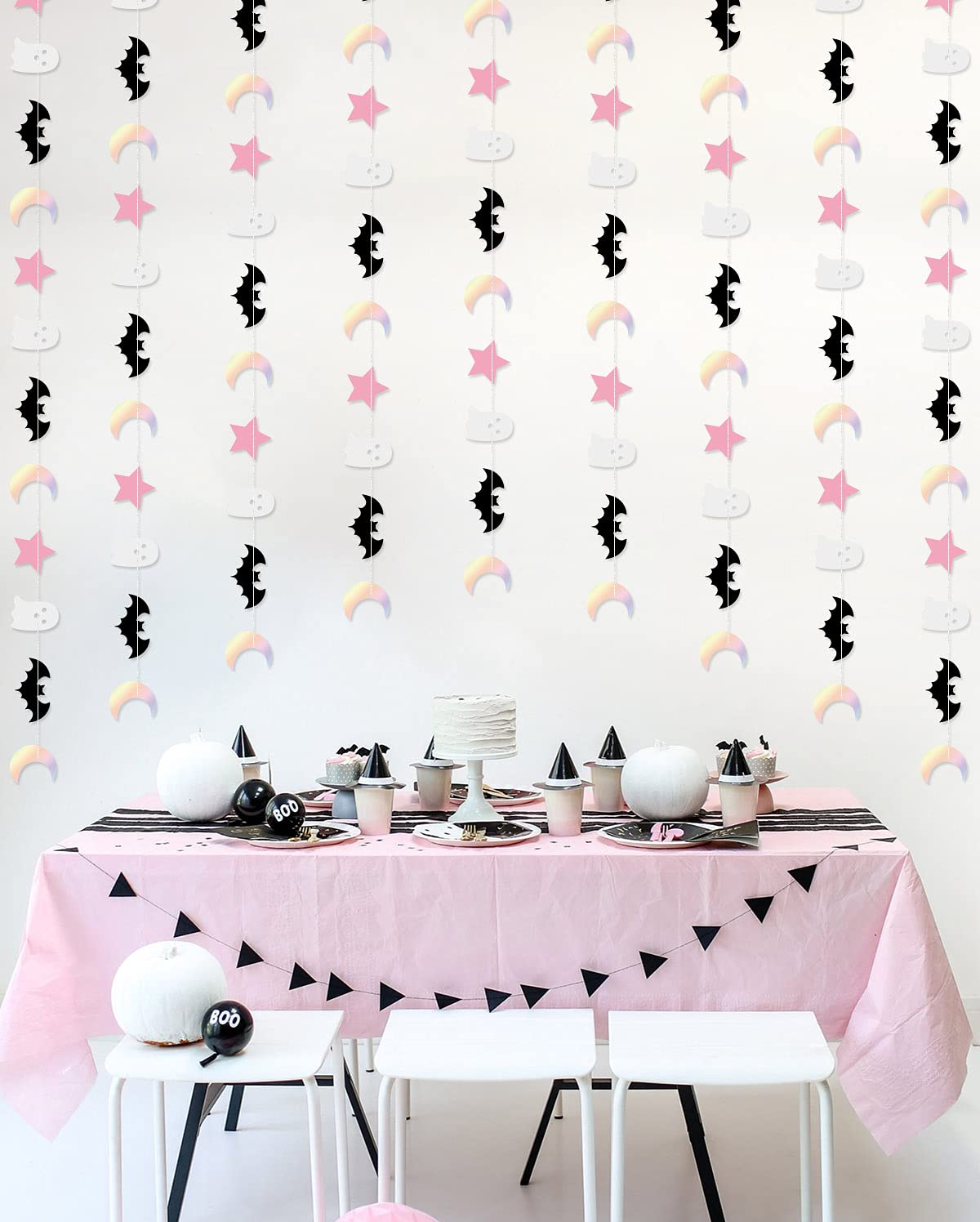 5 Pcs Halloween Moon Bat Ghost Star Garland Pink Black Halloween Garland for Pink and Black Kids' Halloween Party Supplies Decorations