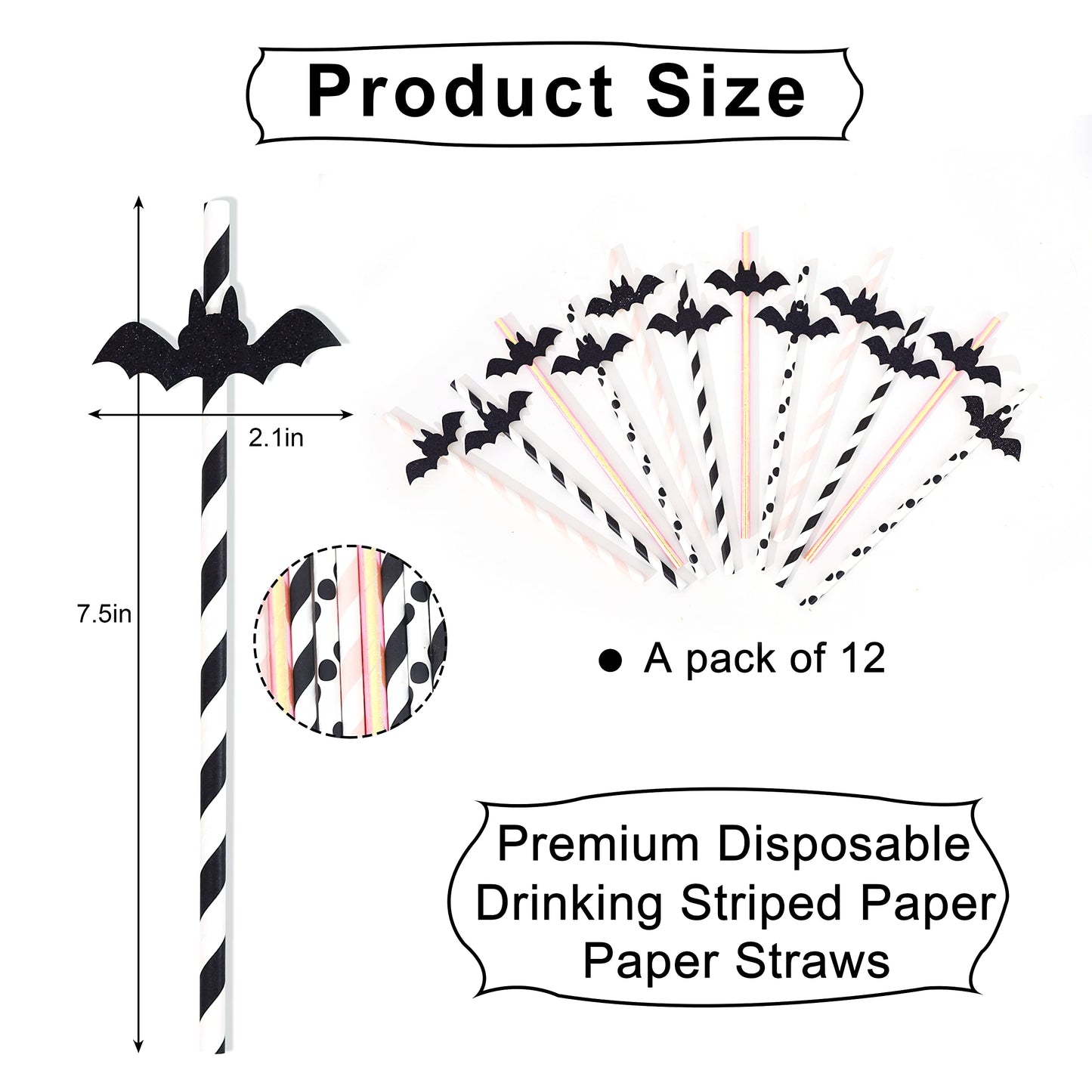 VAVAYAO Halloween Decorative Straws - Halloween Paper Straws,Pink Halloween Ornaments, Halloween Bat Ornaments. Bat Party Straws. Black Glitter Bat Decorative Paper Straws, Glitter Straws, 12 pcs.