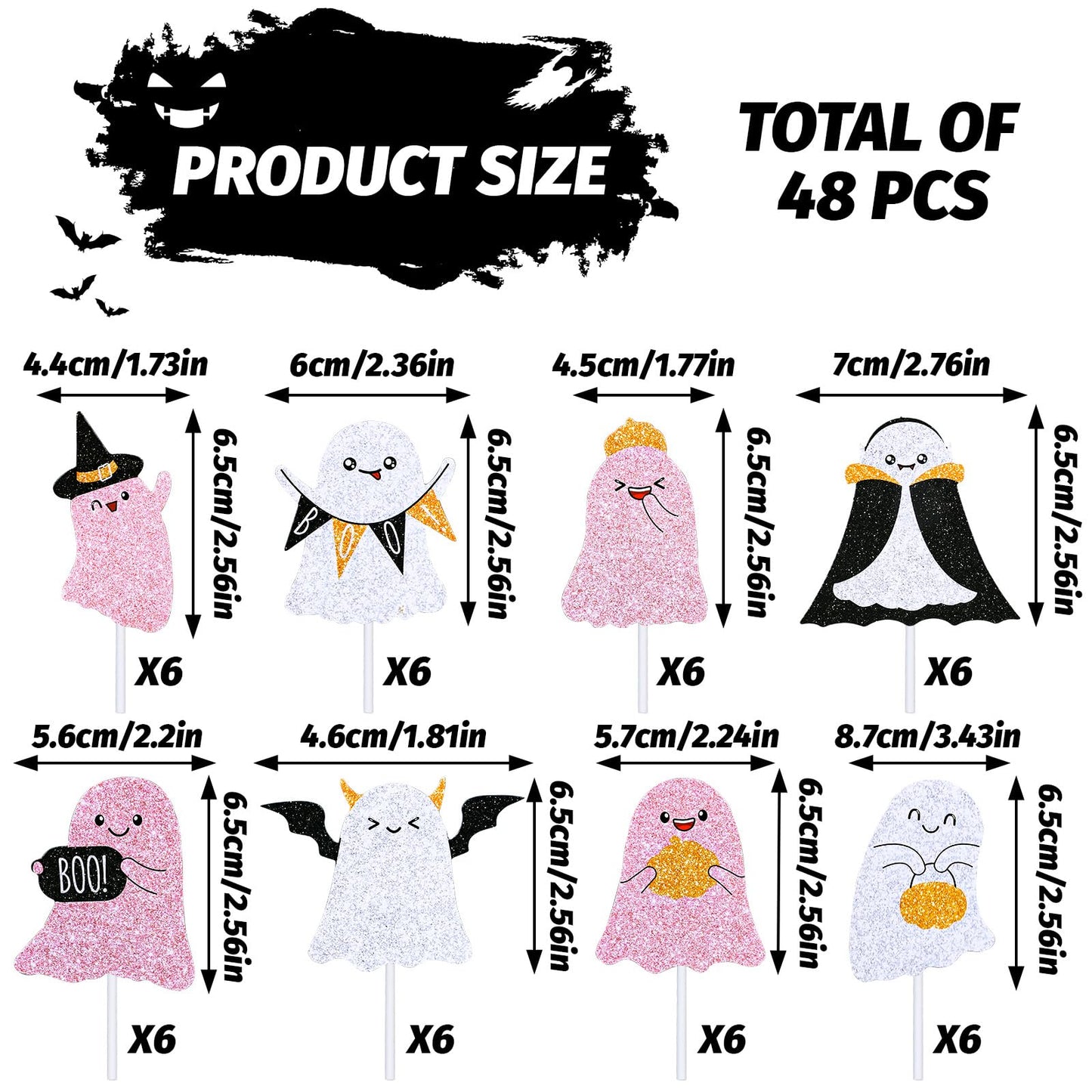 Whaline 48Pcs Halloween Ghost Cupcake Toppers with Paper Sticks and Glue Points 8 Design Cute Pink Black Ghost Cupcake Picks Halloween Cake Toppers for Halloween Birthday Party Cake Decorations