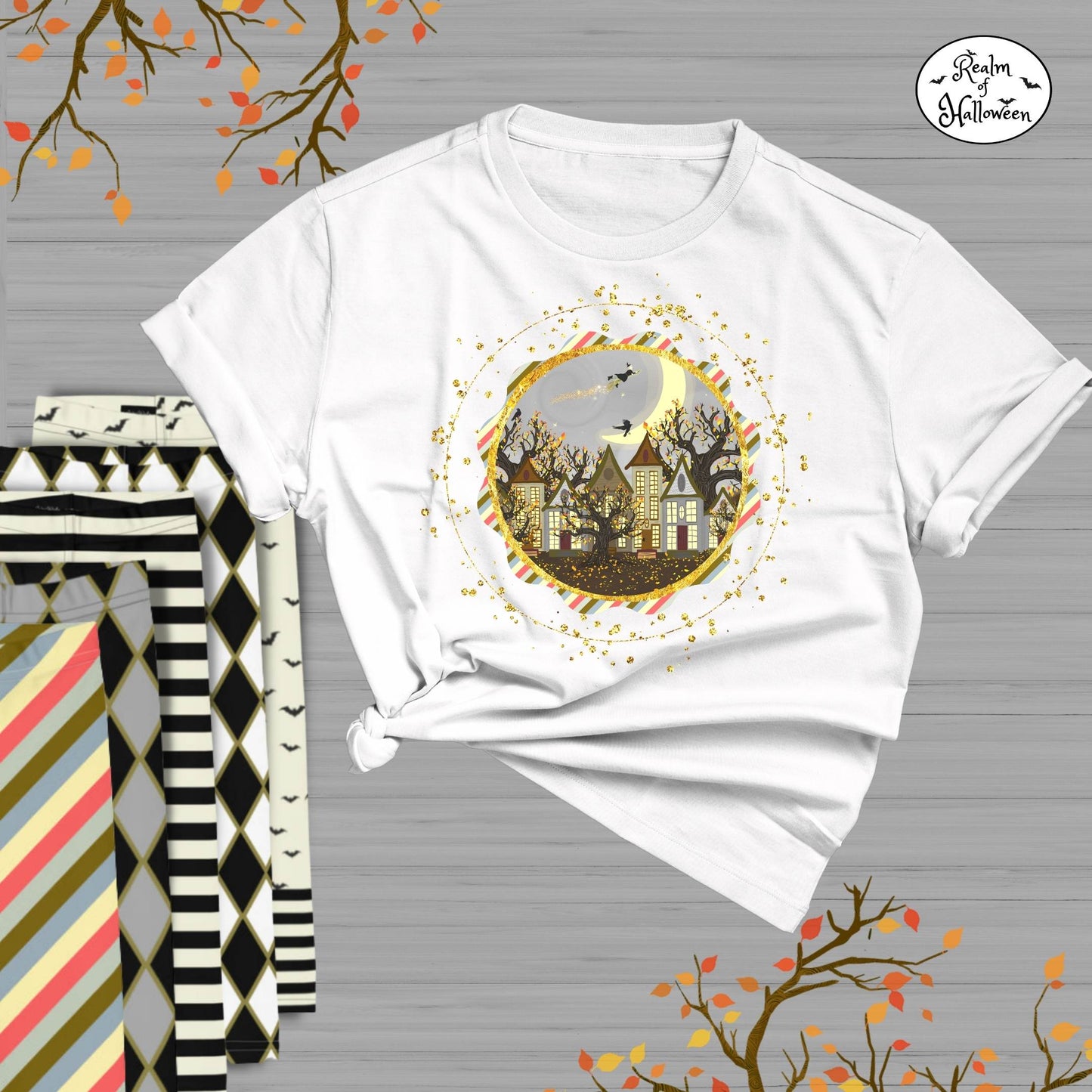 Alora Autumn Leaf Flying Witch Halloween T-Shirt