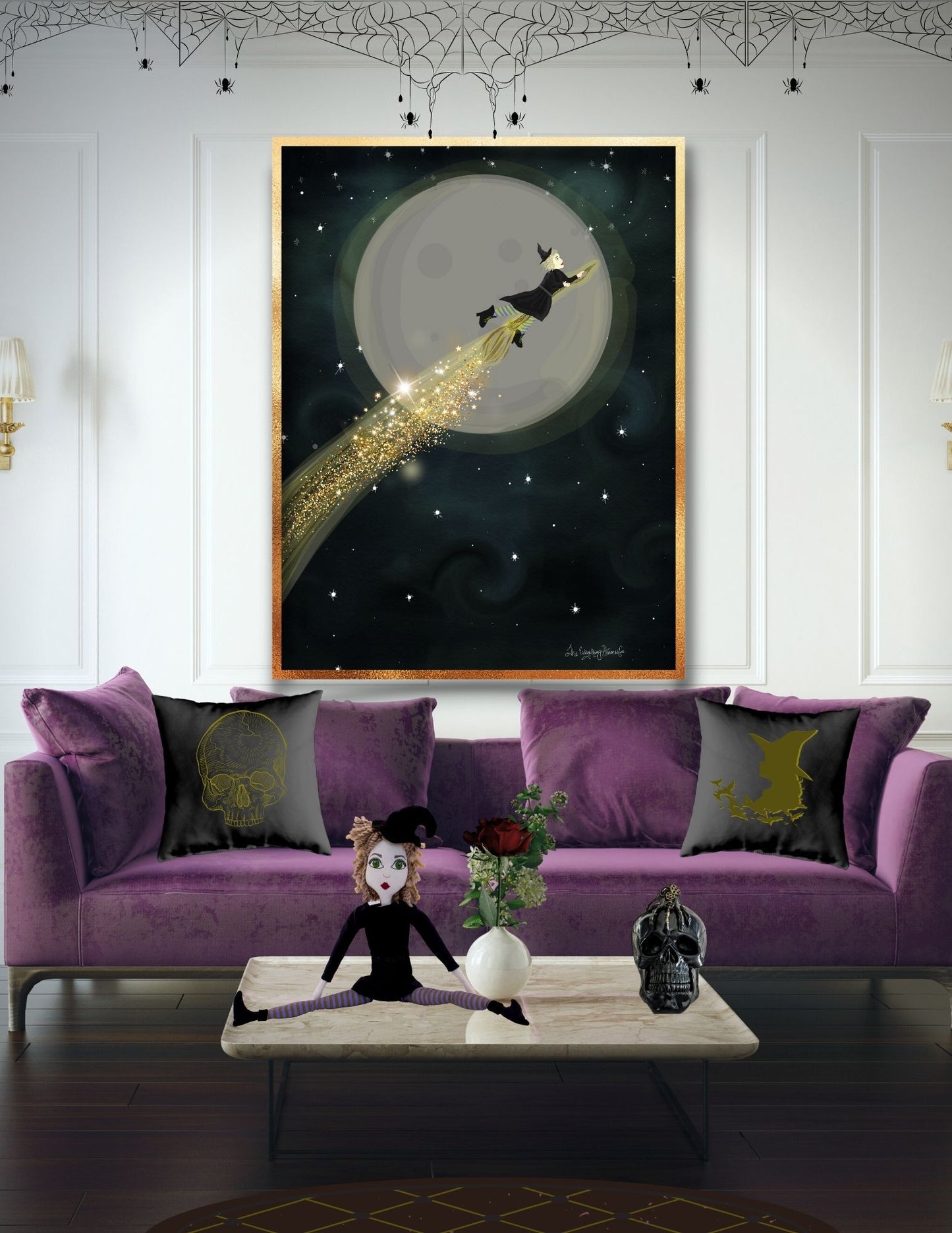 halloween art, oversized witch flying moon