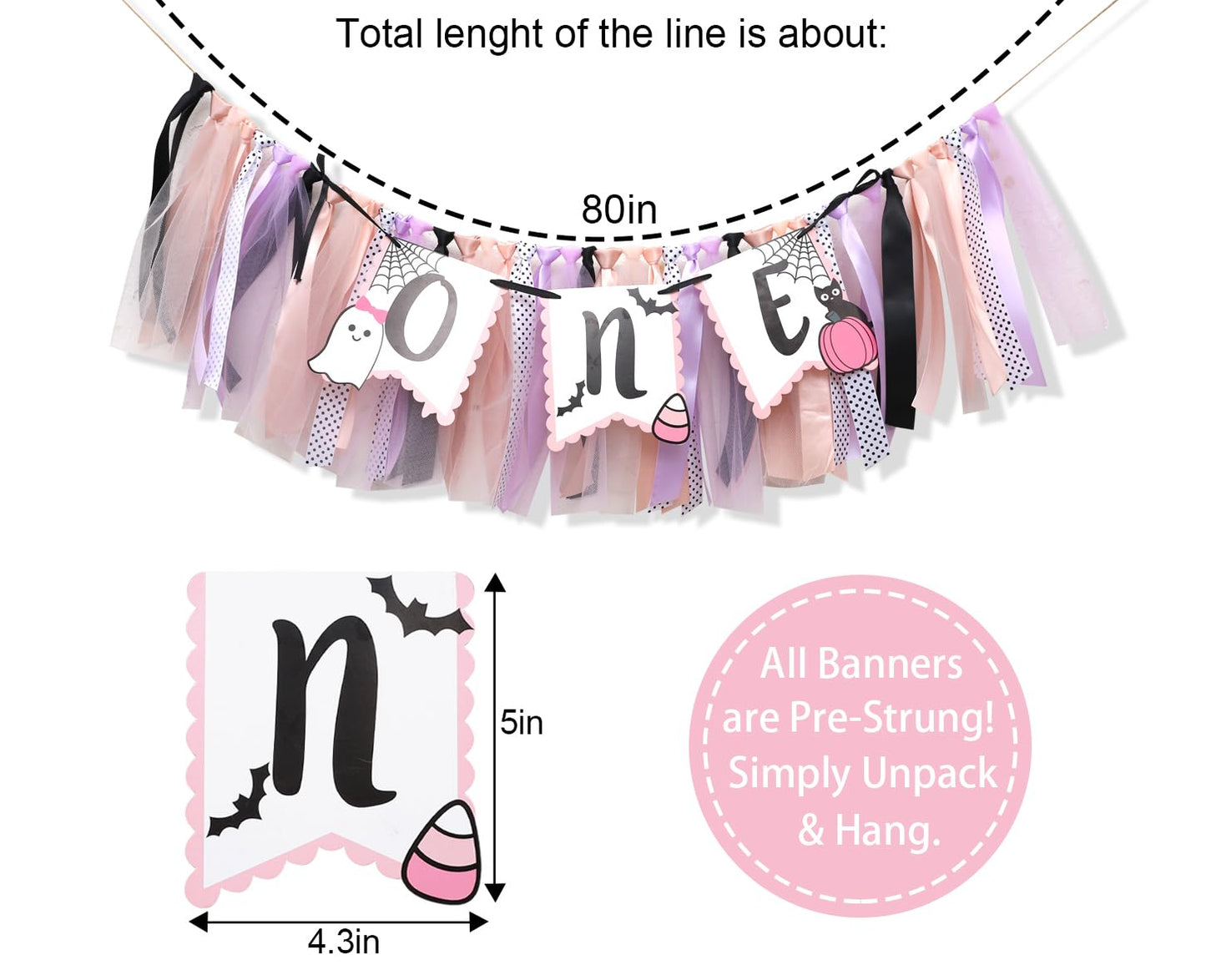 Halloween Ghost Birthday High Chair Banner - Pink Cute Ghost 1st Birthday Banner, 1st Birthday Ribbon Banner, Pink and Black Tutu Girls Baby Decoration, Smash Cake Photo Prop, Spooky One-Boo Day