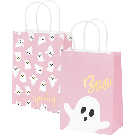 JarThenaAMCS 24Pcs Halloween Paper Gift Bags with Handles Pink Ghost Party Favor Bags Candy Goodie Treat Bags for Halloween Birthday Party Supplies