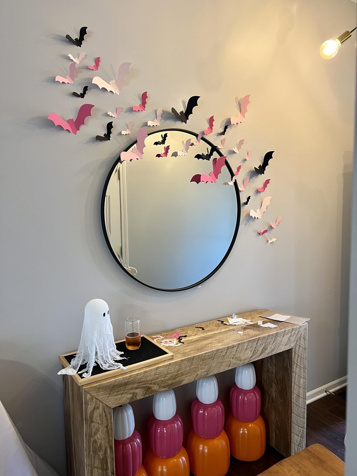 Pink Bats Wall Decor - 50 PCS 4 Sizes Pink, Blush and Black Halloween 3D Bats, Pink Halloween Party, Cute Halloween Decorations, Paper Bats Indoor Decor