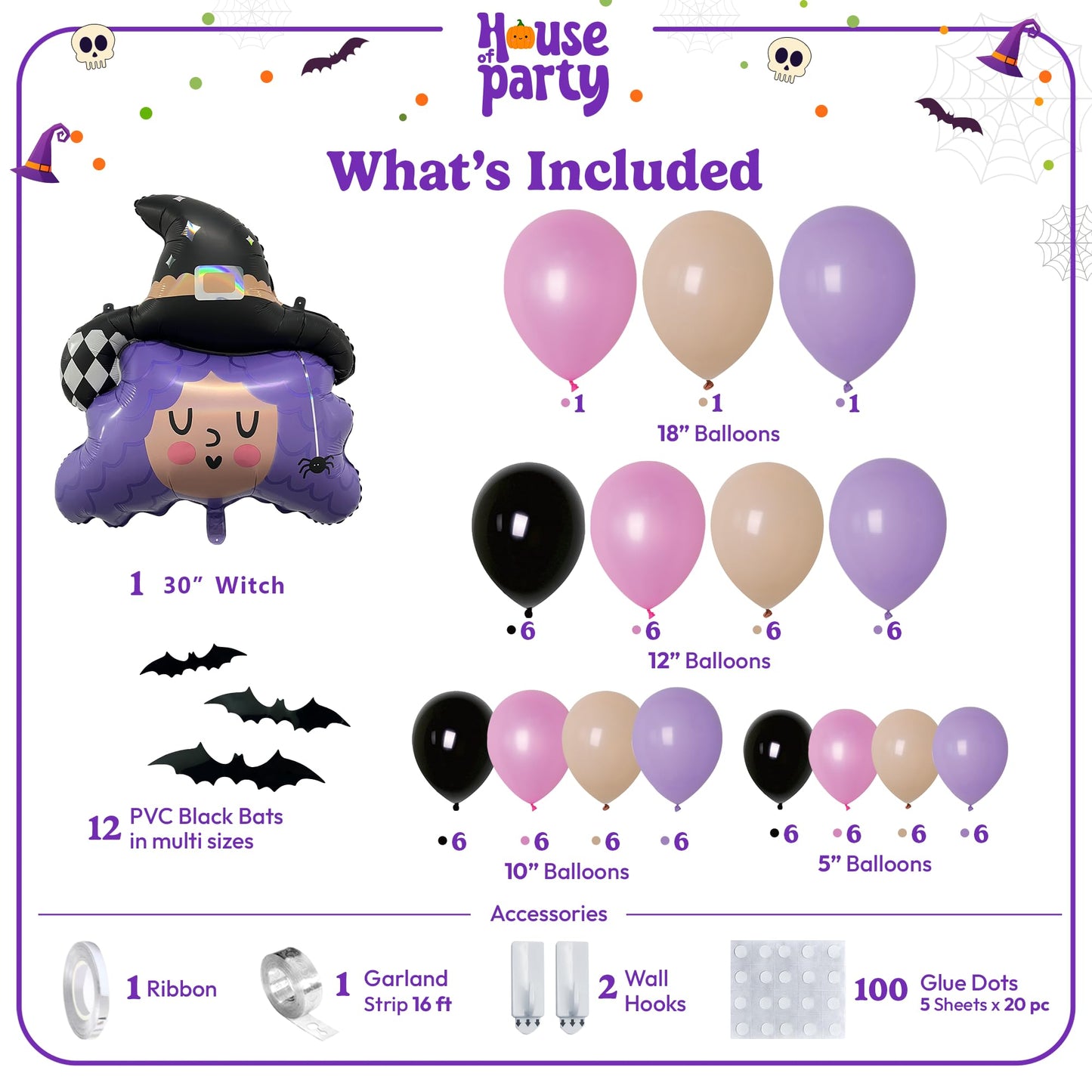 HOUSE OF PARTY Halloween Balloon Arch Kit 86 Pcs - 18/12/10/5 Inch Pink and Purple Halloween Balloon Garland Kit with 30" Witch Foil Balloon & PVC Bats for Halloween Balloons Decorations