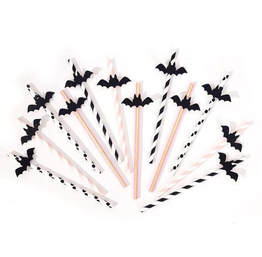 VAVAYAO Halloween Decorative Straws - Halloween Paper Straws,Pink Halloween Ornaments, Halloween Bat Ornaments. Bat Party Straws. Black Glitter Bat Decorative Paper Straws, Glitter Straws, 12 pcs.