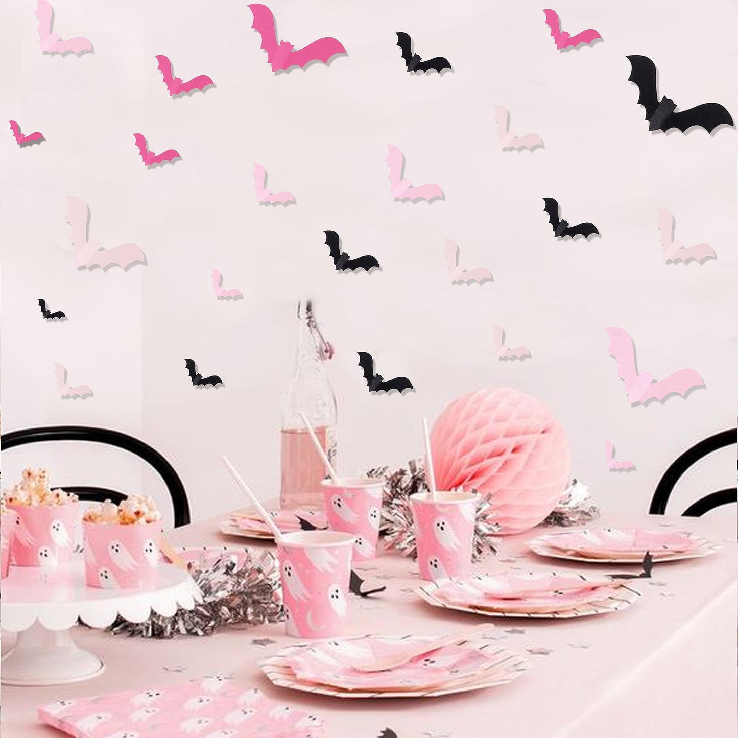 Pink Bats Wall Decor - 50 PCS 4 Sizes Pink, Blush and Black Halloween 3D Bats, Pink Halloween Party, Cute Halloween Decorations, Paper Bats Indoor Decor