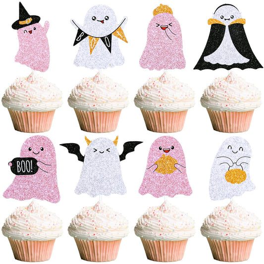 Whaline 48Pcs Halloween Ghost Cupcake Toppers with Paper Sticks and Glue Points 8 Design Cute Pink Black Ghost Cupcake Picks Halloween Cake Toppers for Halloween Birthday Party Cake Decorations