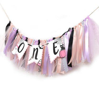 Halloween Ghost Birthday High Chair Banner - Pink Cute Ghost 1st Birthday Banner, 1st Birthday Ribbon Banner, Pink and Black Tutu Girls Baby Decoration, Smash Cake Photo Prop, Spooky One-Boo Day