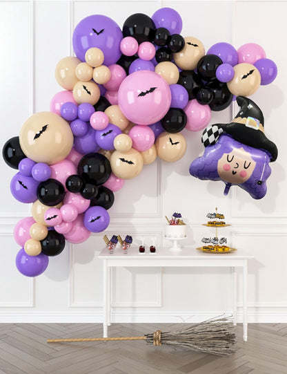 HOUSE OF PARTY Halloween Balloon Arch Kit 86 Pcs - 18/12/10/5 Inch Pink and Purple Halloween Balloon Garland Kit with 30" Witch Foil Balloon & PVC Bats for Halloween Balloons Decorations