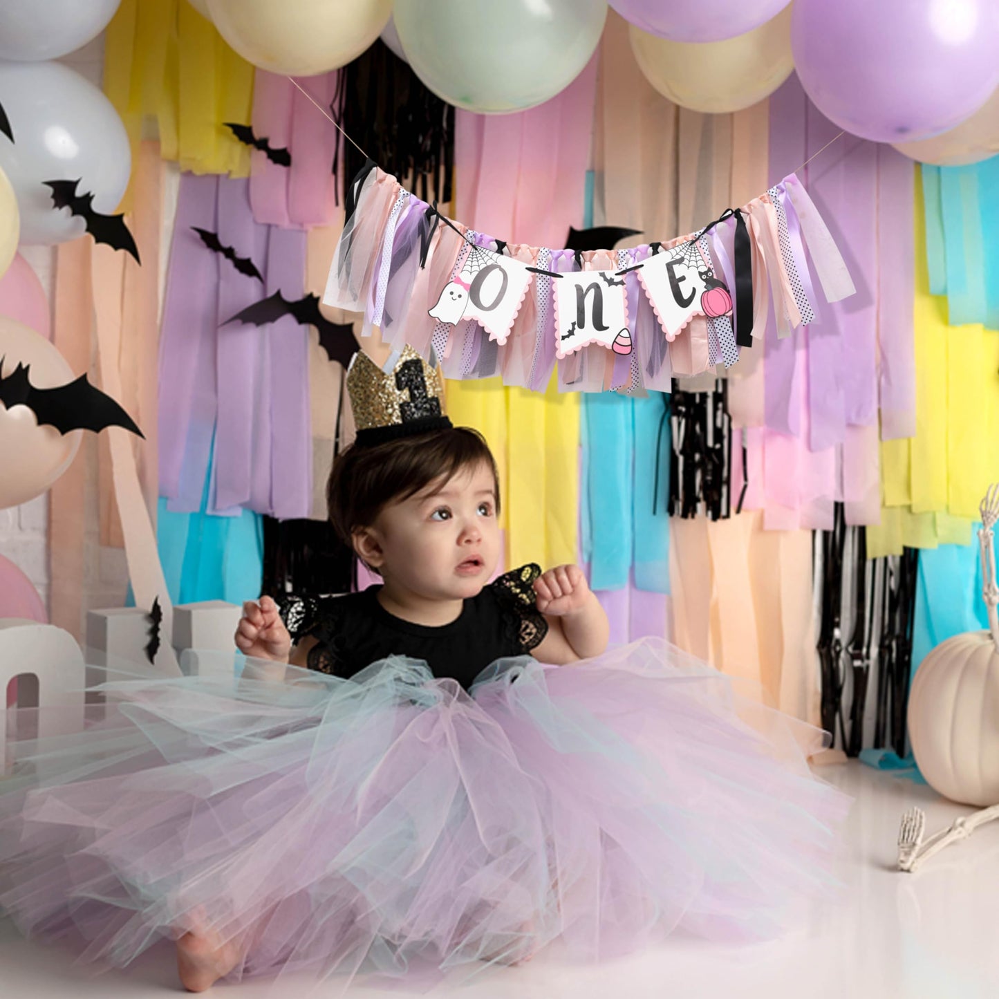 Halloween Ghost Birthday High Chair Banner - Pink Cute Ghost 1st Birthday Banner, 1st Birthday Ribbon Banner, Pink and Black Tutu Girls Baby Decoration, Smash Cake Photo Prop, Spooky One-Boo Day