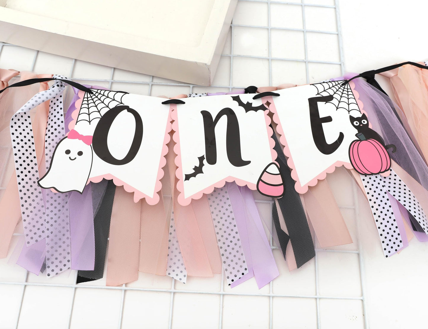 Halloween Ghost Birthday High Chair Banner - Pink Cute Ghost 1st Birthday Banner, 1st Birthday Ribbon Banner, Pink and Black Tutu Girls Baby Decoration, Smash Cake Photo Prop, Spooky One-Boo Day