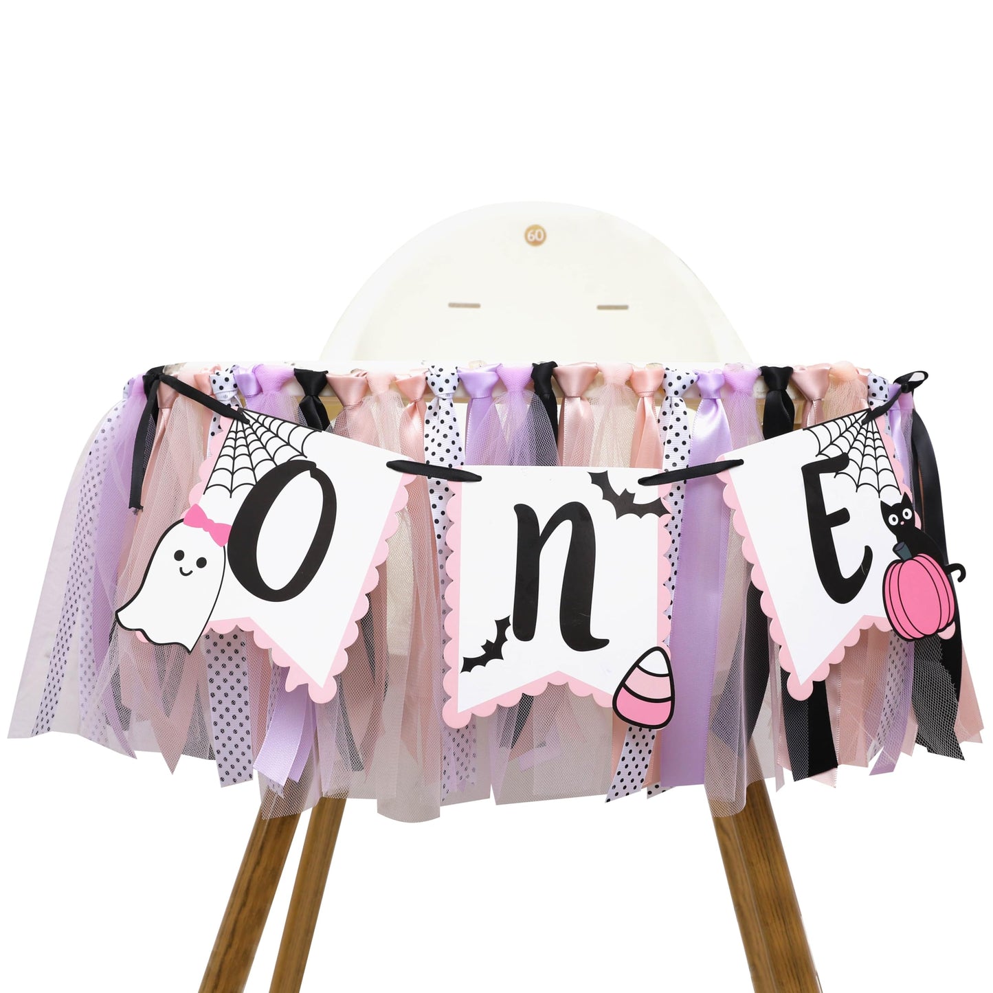 Halloween Ghost Birthday High Chair Banner - Pink Cute Ghost 1st Birthday Banner, 1st Birthday Ribbon Banner, Pink and Black Tutu Girls Baby Decoration, Smash Cake Photo Prop, Spooky One-Boo Day