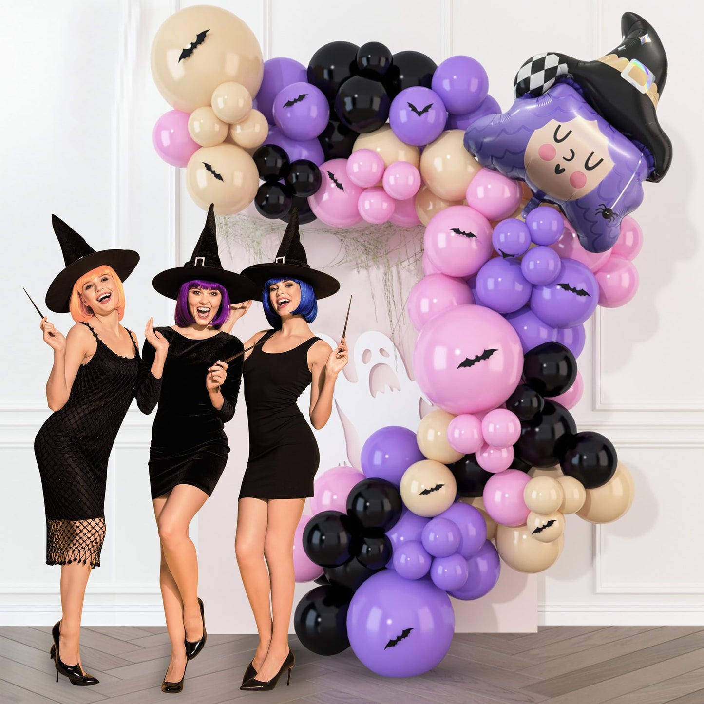 HOUSE OF PARTY Halloween Balloon Arch Kit 86 Pcs - 18/12/10/5 Inch Pink and Purple Halloween Balloon Garland Kit with 30" Witch Foil Balloon & PVC Bats for Halloween Balloons Decorations