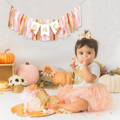 Pumpkin High Chair Banner for 1st Birthday - Little Pumpkin Banner, Pumpkin Birthday Party Decorations, Pink Orange Ribbon High Chair Banner, Cake Smash Props