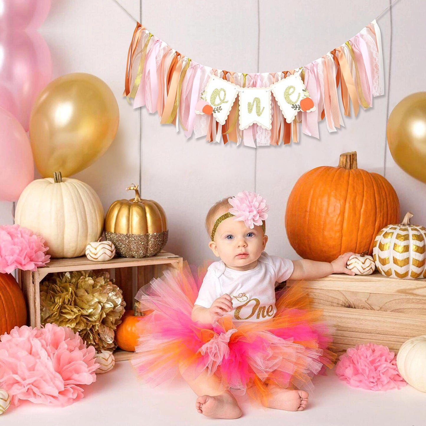 Pumpkin High Chair Banner for 1st Birthday - Little Pumpkin Banner, Pumpkin Birthday Party Decorations, Pink Orange Ribbon High Chair Banner, Cake Smash Props