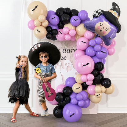 HOUSE OF PARTY Halloween Balloon Arch Kit 86 Pcs - 18/12/10/5 Inch Pink and Purple Halloween Balloon Garland Kit with 30" Witch Foil Balloon & PVC Bats for Halloween Balloons Decorations