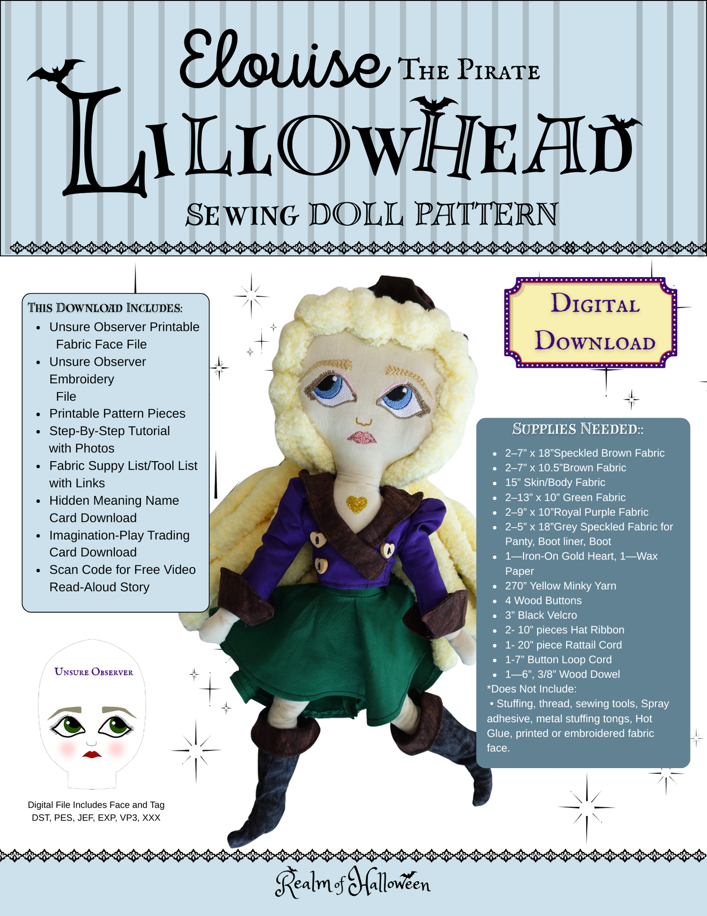 Elouise The Pirate Lillowhead Sewing Tutorial: Digital Download