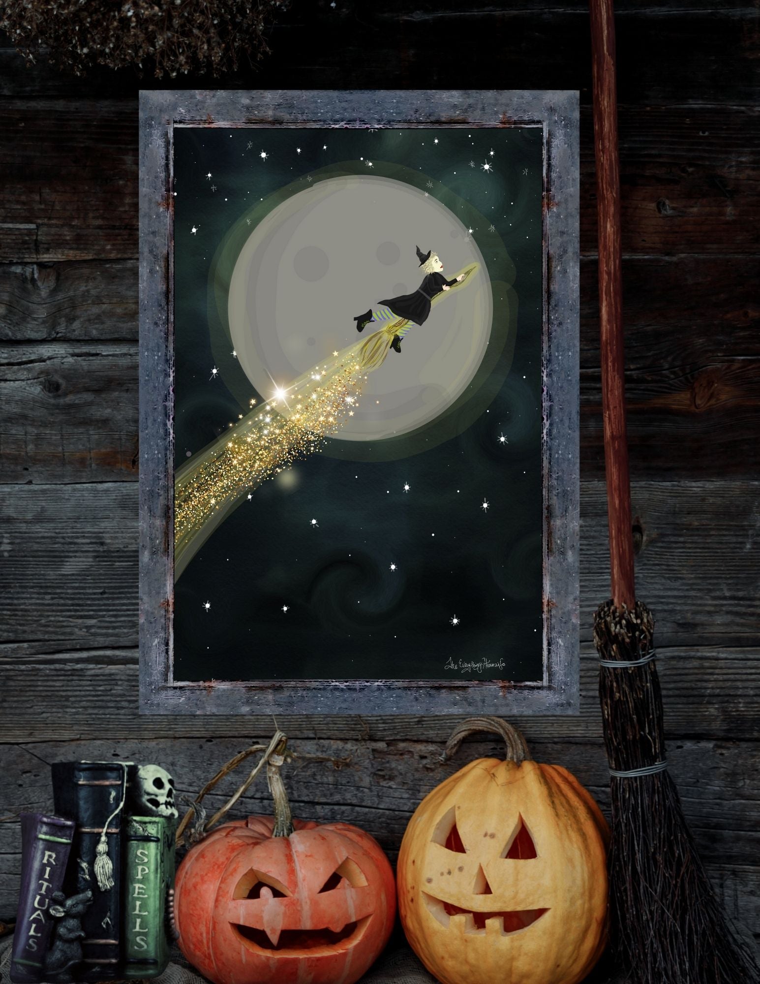 halloween art, oversized witch flying moon