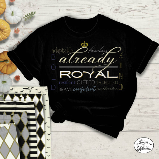 “Already Royal” Word Block Graphic Black YOUTH SIZE T-Shirt Beige and Gray Dye Pattern, from the Already Royal Collection