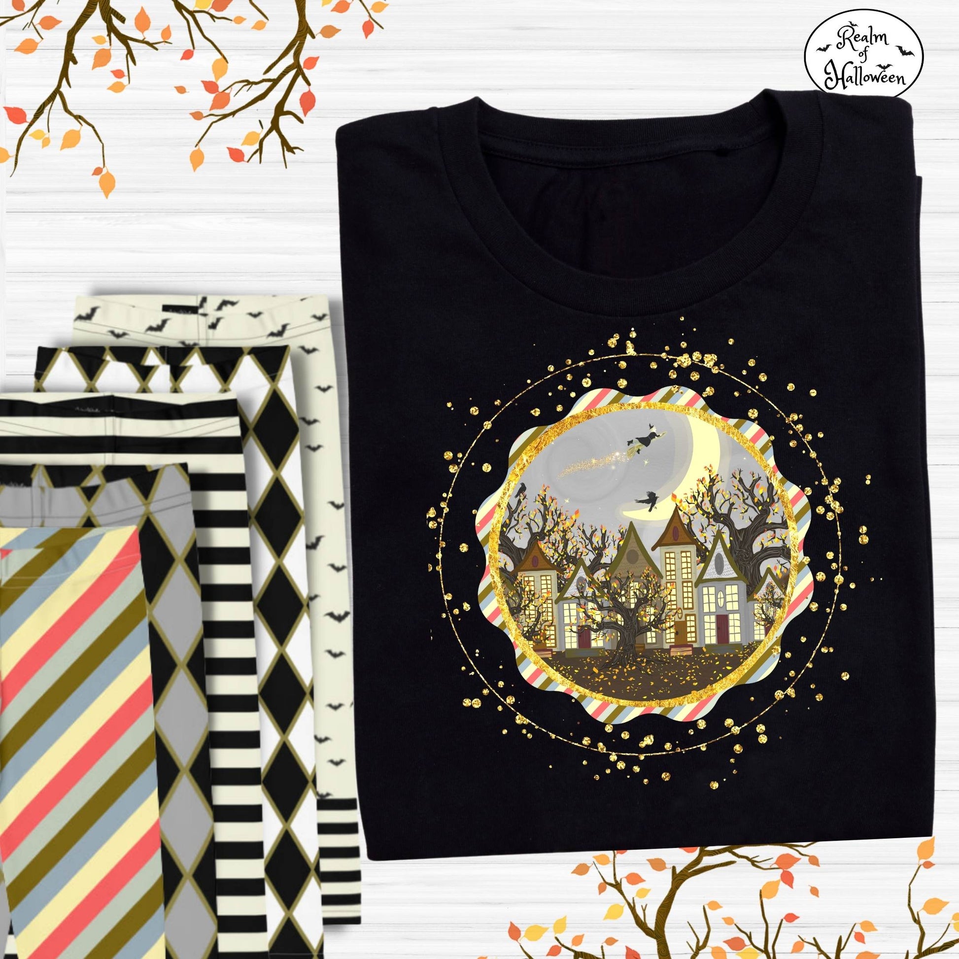 Alora Autumn Leaf Flying Witch Halloween T-Shirt