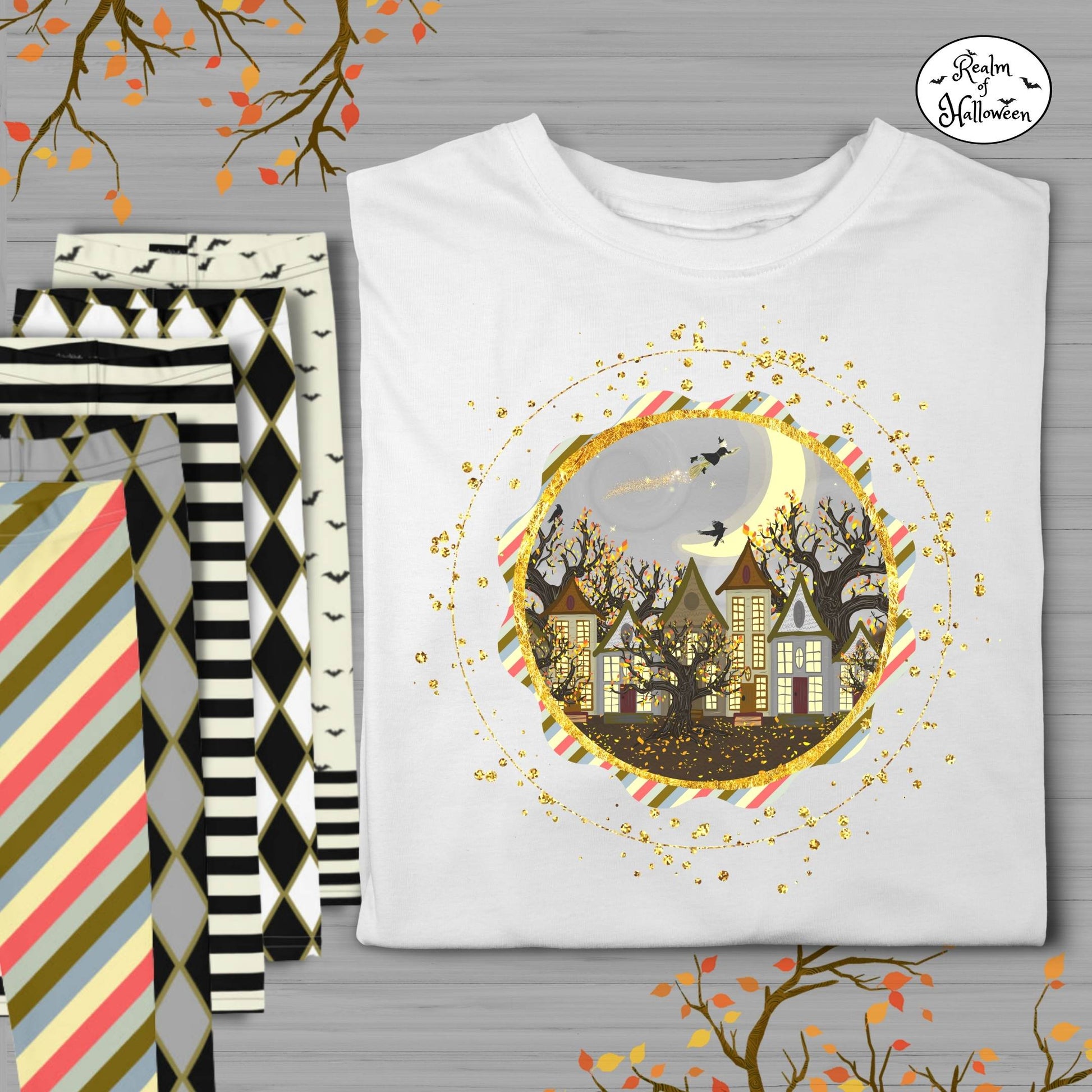 Alora Autumn Leaf Flying Witch Halloween T-Shirt
